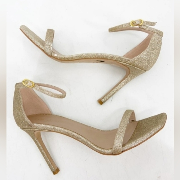 Stuart Weitzman Nudistcurve gold glitter shimmery anklestrap heels size 9.5 new - Picture 3 of 16